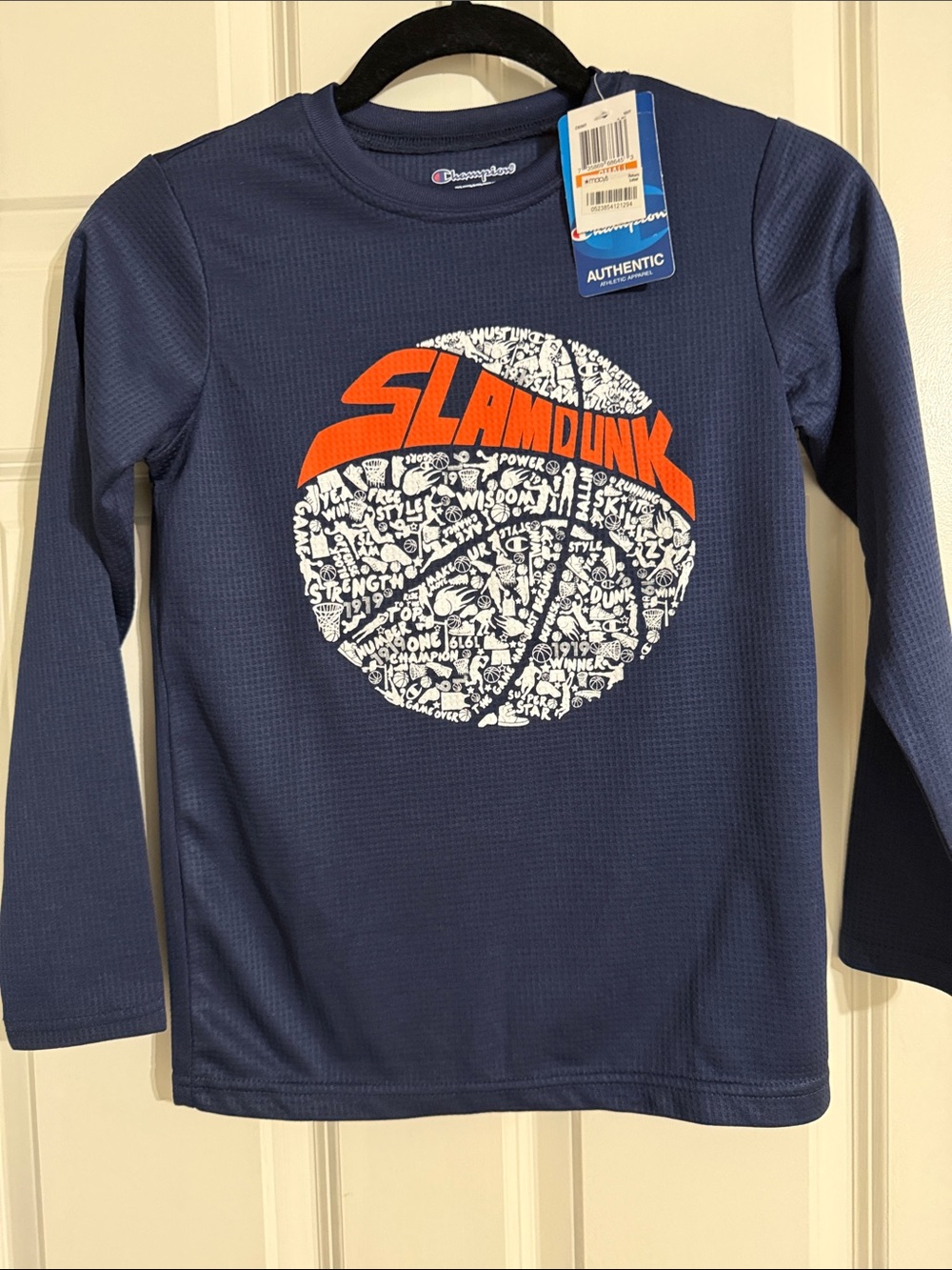 Champion Navy Long-Sleeve Tee with Orange 'Slam Dunk' Basketball Graphic